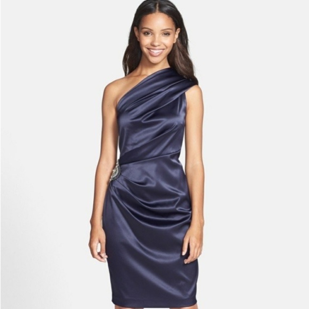 David Meister Navy One Shoulder Dress